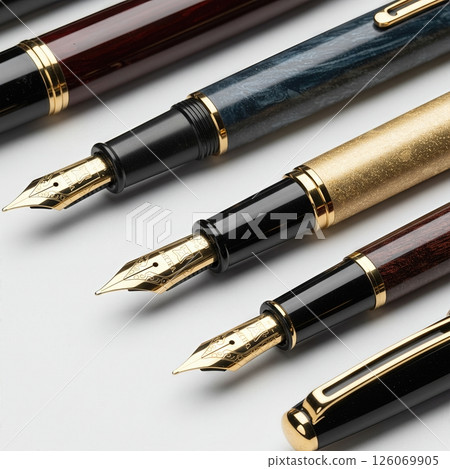 Elegant Collection of Premium Fountain Pens with Gold Nibs and Luxury Metallic Barrels on White Background Elegant Collection of Premium Fountain Pens with Gold Nibs and Luxury Metallic Barrels on White Background 126069905