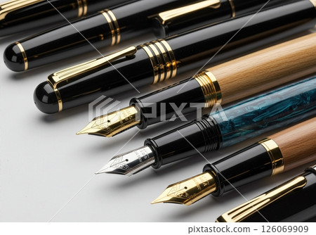 Elegant Collection of Premium Fountain Pens with Gold Nibs and Luxury Metallic Barrels on White Background Elegant Collection of Premium Fountain Pens with Gold Nibs and Luxury Metallic Barrels on White Background 126069909