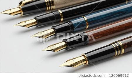 Elegant Collection of Premium Fountain Pens with Gold Nibs and Luxury Metallic Barrels on White Background Elegant Collection of Premium Fountain Pens with Gold Nibs and Luxury Metallic Barrels on White Background 126069912