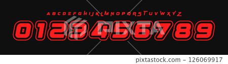 Bold racing alphabet, slanted italic font, speed driven typography, dynamic sport typeface, futuristic logo number design, aggressive motion style, high impact graphic letters. Vector typeset. 126069917