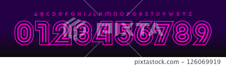 Neon retro alphabet, bold outline layered numbers and letters, striped club alphabet, synthwave logo font, nightlife headline, glowing music event typography, linear electric type. Vector typeset. Neon retro alphabet, bold outline layered numbers and letters, striped club alphabet, synthwave logo font, nightlife headline, glowing music event typography, linear electric type. Vector typeset. 126069919