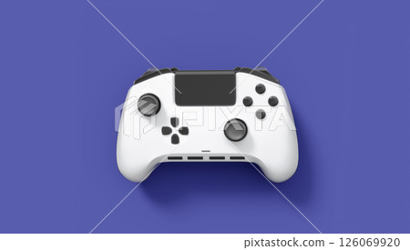 Realistic white video game joystick or gamepad on violet background. 3D rendering of streaming gear for cloud gaming and gamer workspace concept 126069920
