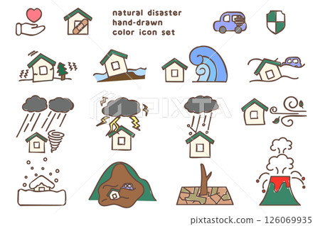 Vector icon illustration set of natural disasters, color, hand-drawn style Vector icon illustration set of natural disasters, color, hand-drawn style 126069935