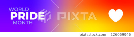 World Pride Month text with white heart symbol over rainbow gradient. Message of unity, equality, celebration of LGBTQ rights. Ideal for posters, banners, social campaigns. Flat vector illustration. World Pride Month text with white heart symbol over rainbow gradient. Message of unity, equality, celebration of LGBTQ rights. Ideal for posters, banners, social campaigns. Flat vector illustration. 126069946
