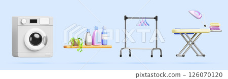 Laundry service equipment for wash and dry clothes. Render cartoon set of washing machine, detergent bottles on shelf, rack with hangers, ironing board with iron and clean towel stack. 3D illustration Laundry service equipment for wash and dry clothes. Render cartoon set of washing machine, detergent bottles on shelf, rack with hangers, ironing board with iron and clean towel stack. 3D illustration 126070120