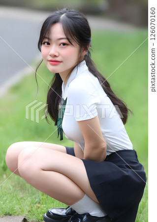 一位日本年輕女子在戶外蹲著的微笑肖像 126070160