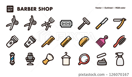 理髮店、理髮店圖示插畫集、刮鬍子和造型用品向量素材 理髮店、理髮店圖示插畫集、刮鬍子和造型用品向量素材 126070167