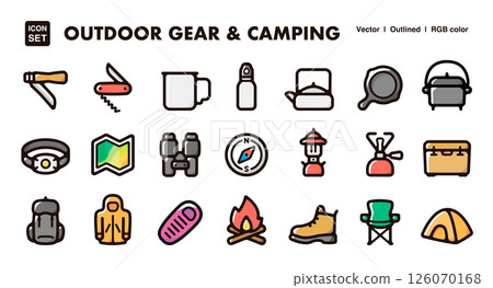 Camping equipment and outdoor gear icon illustration set. Vector material for mountain climbing and outdoor activity goods Camping equipment and outdoor gear icon illustration set. Vector material for mountain climbing and outdoor activity goods 126070168