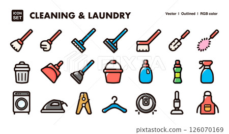 Cleaning and laundry icon illustration set Cleaning tools and laundry supplies vector material 126070169