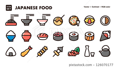日本食物圖示插圖集壽司、拉麵、章魚燒和飯糰等向量材料 126070177