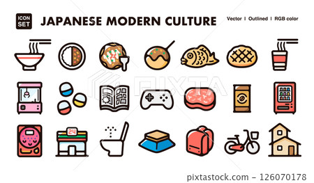 日本現代文化圖標插畫集-美食、娛樂、生活風格向量素材 126070178