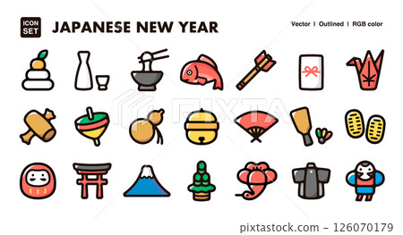 日本新年，新年圖示插圖集。新年，新年裝飾，幸運符，傳統日本圖案的向量素材 126070179
