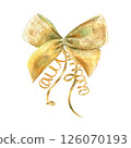 Gold vibrant collection of curls, bow, ribbons, hand-painted in watercolor with gold paint accents. Isolate elements are presented for decorating and designing textiles, interior, wallpaper, prints 126070193