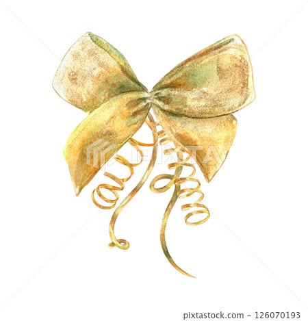 Gold vibrant collection of curls, bow, ribbons, hand-painted in watercolor with gold paint accents. Isolate elements are presented for decorating and designing textiles, interior, wallpaper, prints 126070193