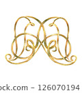 Gold ribbons ornament of vibrant collection. Curls, ribbons elements hand-painted in watercolor with gold paint accents. Isolate is presented for textiles, wallpaper, prints, packaging 126070194