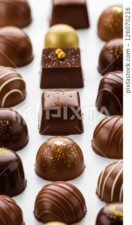Luxurious Artisanal Chocolate Bonbons Collection with Gold Accents on White Background 126070216