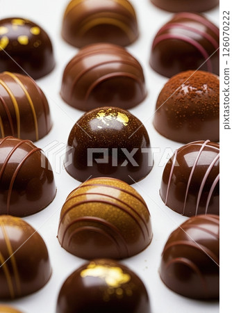 Luxurious Artisanal Chocolate Bonbons Collection with Gold Accents on White Background 126070222