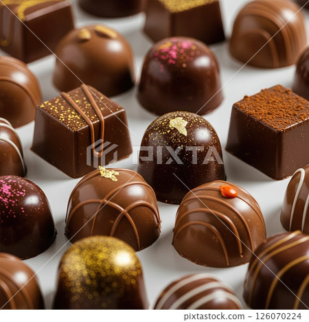 Luxurious Artisanal Chocolate Bonbons Collection with Gold Accents on White Background 126070224