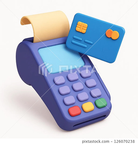 Colorful payment terminal with card and receipt printer. 126070238