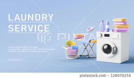 Laundry service advertising banner with laundromat washing machine, detergent bottles, dirty clothes in basket, iron board and clean towel stack. Public launderette room, dry cleaning. 3D illustration 126070258
