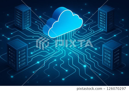 Abstract cloud computing concept with servers and network connections. 126070297