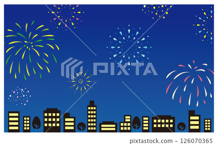 Background illustration of a night city and lots of fireworks Background illustration of a night city and lots of fireworks 126070365