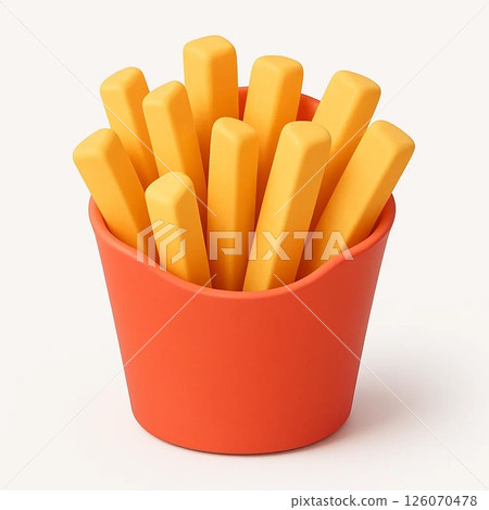 Colorful plastic fries in an orange cup, fun and playful design. 126070478