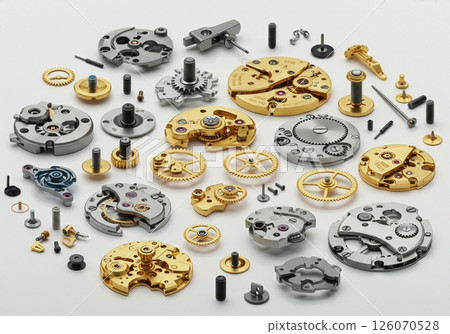 Luxury Watchmaking Components Collection Disassembled Mechanical Watch Movement Parts  on White Background 126070528