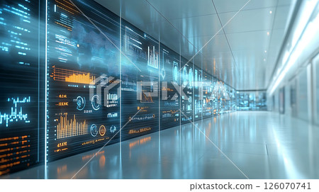clean white workspace with floating 3D charts and digital analytics panels 126070741