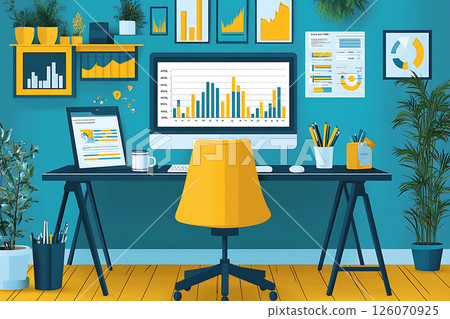 vector business workspace with charts and graphs on computer monitor 126070925