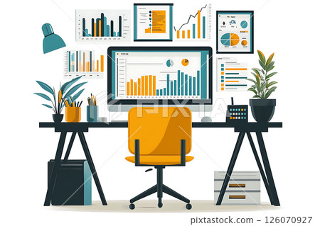 vector business workspace with charts and graphs on computer monitor 126070927