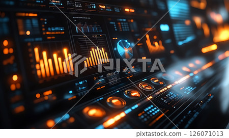 business intelligence interface with 3D bar graphs and analytic charts, glowing infographics, clean tech background 126071013