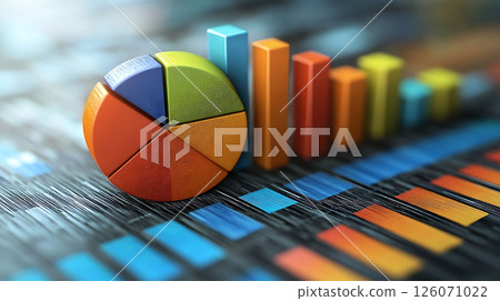 colorful business analysis dashboard with 3D pie charts, bar charts and trend arrows, professional layout 126071022