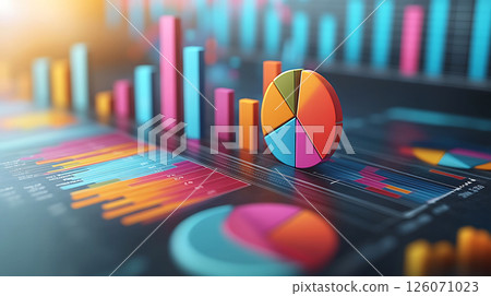colorful business analysis dashboard with 3D pie charts, bar charts and trend arrows, professional layout 126071023