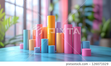 business meeting data presentation with charts and 3D visuals, clean infographic with pastel colors 126071029