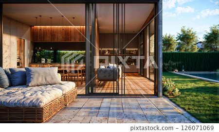 Explore a modern openconcept living space with a welcoming outdoor patio for relaxation 126071069