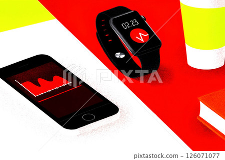 Health monitoring via smartwatches and smartphones showcased on a vibrant background 126071077
