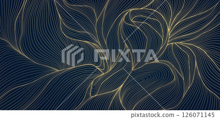 Vector art deco line golden leaves, floral wallpaper, palm nature drawing. Vintage summer ornament, foliage print, fancy design. 126071145