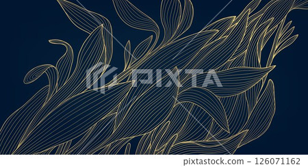Vector art deco line golden leaves, floral wallpaper, palm nature drawing. Vintage summer ornament, foliage print, fancy design. 126071162