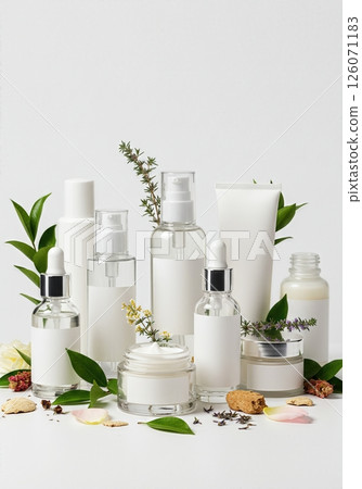 Elegant Natural Skincare Collection mockup with Botanical Elements on Minimalist White Background 126071183
