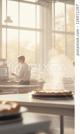 A young Caucasian male in a white shirt stands near a bakery counter with steaming pies and other baked goods A young Caucasian male in a white shirt stands near a bakery counter with steaming pies and other baked goods 126071267