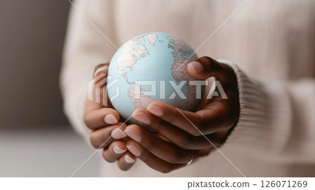Close-up of dark-skinned hands gently cradling a small globe, symbolizing global care and responsibility 126071269