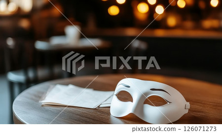 A white masquerade mask rests on a wooden table in a dimly lit cafe, next to a folded piece of paper, creating an atmosphere of mystery and intrigue 126071273