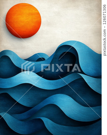 Vibrant orange sun over abstract ocean waves in textured artwork 126071306