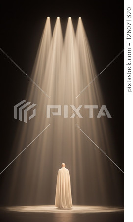 A bald, adult, Caucasian male stands in a white cloak, illuminated by four spotlights on a dark stage 126071320