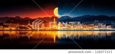 A captivating split-image showcasing a cityscape at sunrise and sunset, reflected beautifully in tranquil waters A captivating split-image showcasing a cityscape at sunrise and sunset, reflected beautifully in tranquil waters 126071321