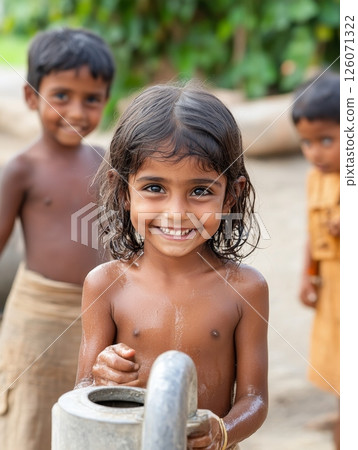 A smiling young girl, clean and happy, collects water from a well, other children visible in the background A smiling young girl, clean and happy, collects water from a well, other children visible in the background 126071322