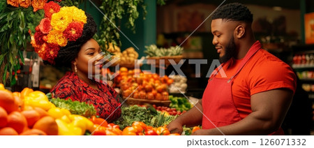 A young African American man and woman converse in a vibrant produce market A young African American man and woman converse in a vibrant produce market 126071332