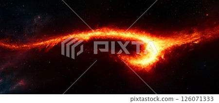 Fiery nebula swirls through dark space, creating a fiery cosmic river 126071333