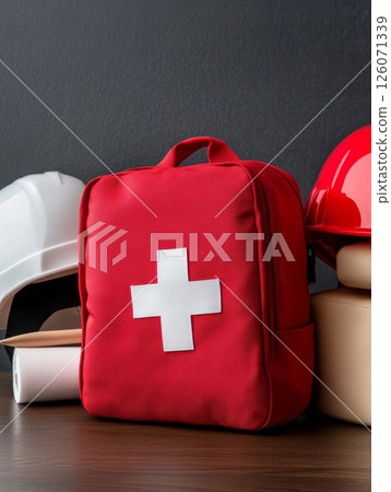 A red first-aid kit sits prominently on a dark brown table, accompanied by construction safety gear, symbolizing workplace safety and preparedness A red first-aid kit sits prominently on a dark brown table, accompanied by construction safety gear, symbolizing workplace safety and preparedness 126071339